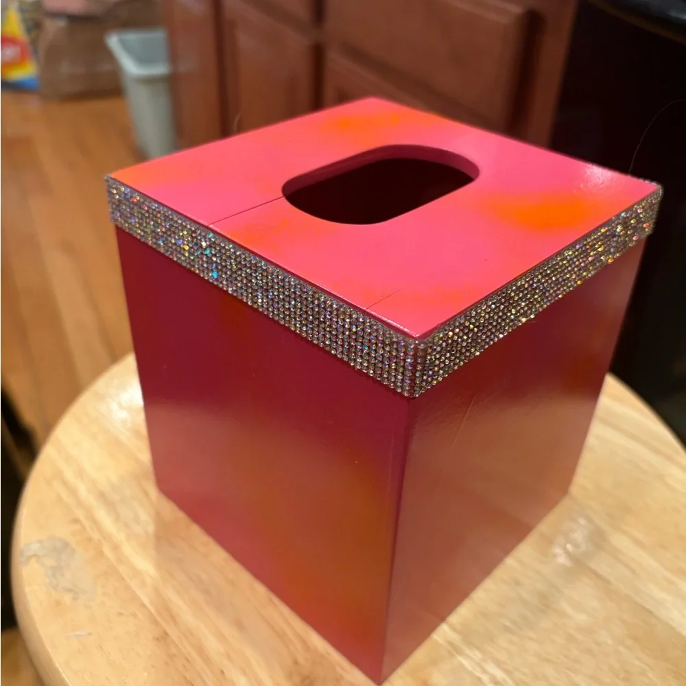 Hand Designed/Painted Tissue Box Pink & Orange with Rhinestone Trim! NEW!